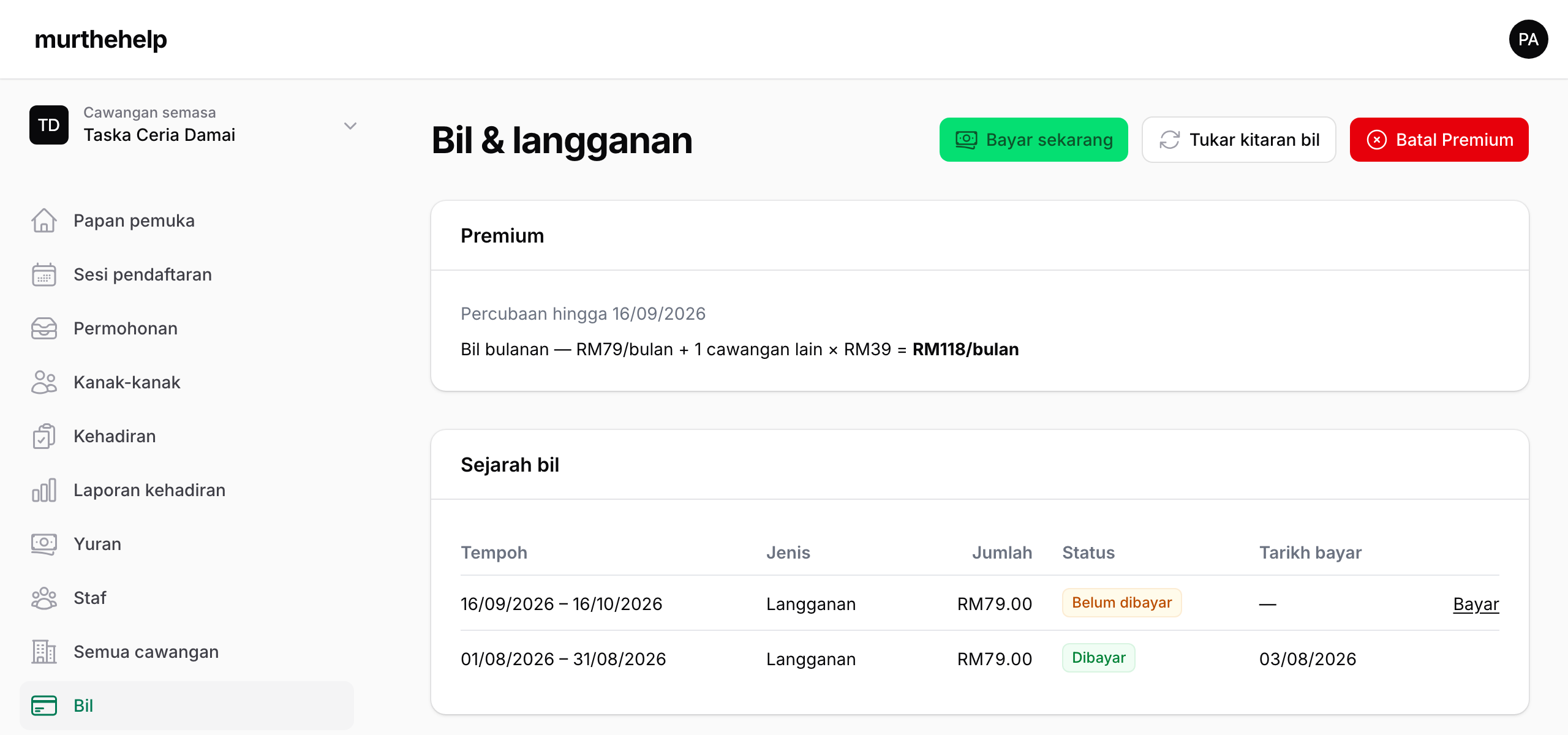 Halaman Bil murthehelp: pelan Premium, bil RM49 bulanan dan sejarah pembayaran